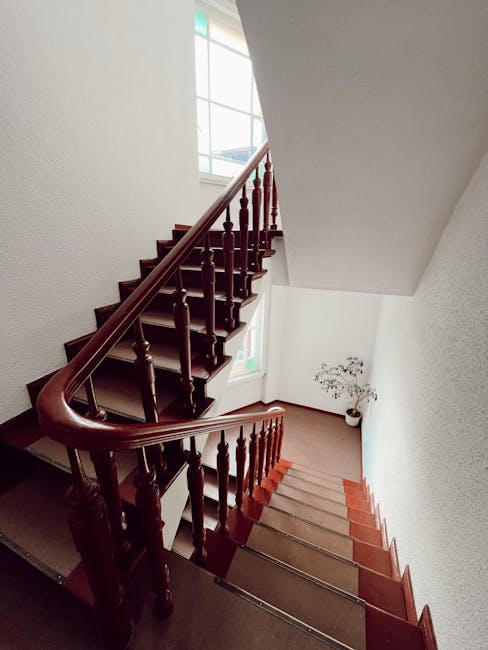 A straight wooden staircase with a polished dark brown handrail and turned balusters, leading down from a narrow Victorian interior hallway with cream-painted walls, a small potted plant on a round table at the bottom, and a large window allowing natural light to illuminate the space. The staircase features a carpet runner along the treads, and the top of the stairs opens onto a landing area with a textured white wall. The environment is typical of an older UK home, ready for a household move, with no furniture or boxes visible in the scene. Man with Van Canonbury specialists handle such home relocations, including staircase navigation and careful furniture transport through narrow staircases as depicted here, supporting efficient packing and moving logistics.